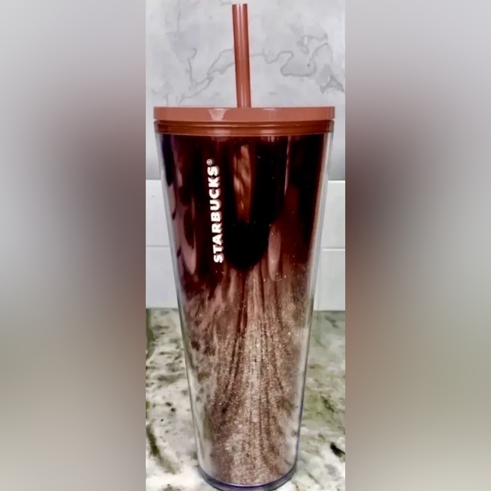 STARBUCKS 24oz Cold Beverage Tumbler 2019 Holiday Red Glitter w/ Lid and Straw